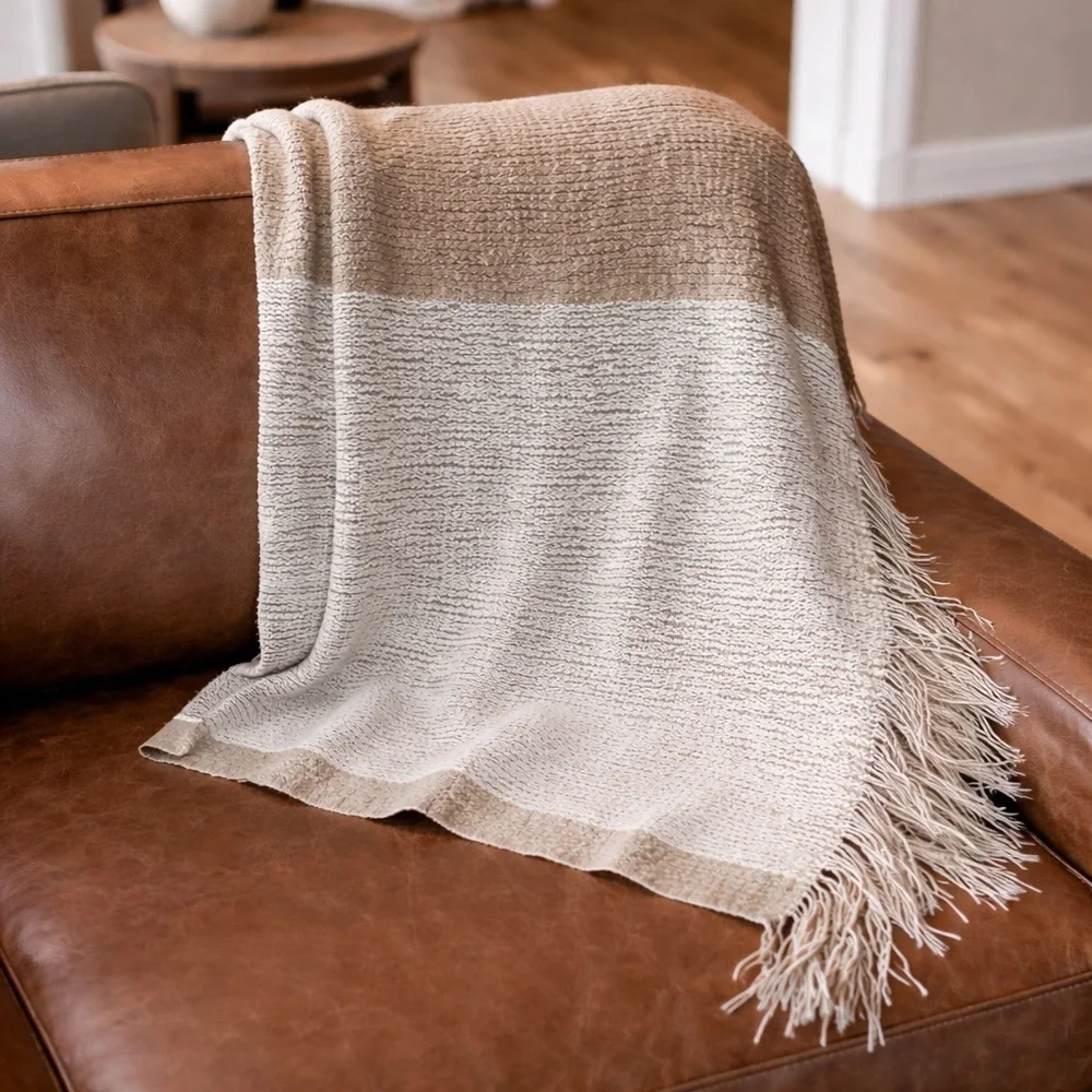Mark & Graham by Williams Sonoma Fringe Throw Blanket - 100% Acrylic - Beige/Tan - Picture 1 of 8